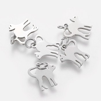 201 Stainless Steel Kitten Pendants, Stretch Cat Shape, Stainless Steel Color, 12x12x1mm, Hole: 3mm