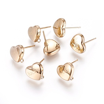 304 Stainless Steel Stud Earring Findings, with Loop, Heart with Word Lucky, Real 18K Gold Plated, 10x11.5mm, Hole: 1.4mm, Pin: 0.8mm