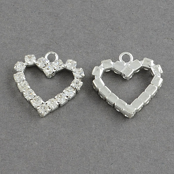 Shining Heart Brass Grade A Crystal Rhinestone Pendants, Silver Color Plated, Crystal, 19x17x2.5mm, Hole: 2mm