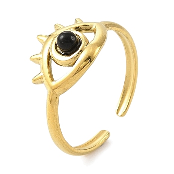 Natural Black Agate Finger Rings, Eye 304 Stainless Steel Open Cuff Rings for Women, Real 18K Gold Plated, 10.5mm, Inner Diameter: Adjustable