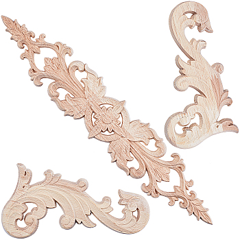 Rubber Wood Carved Onlay Applique Craft, Unpainted Onlay Corner Furniture Home Decoration, Flower, BurlyWood, ong Rubber Wood: 330x60x7mm, 1pc