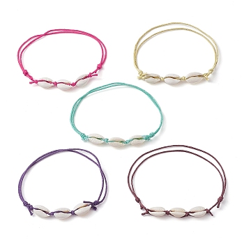 5Pcs 5 Color Natural Cowrie Shell Braided Beaded Anklets Set, Waxed Cotton Adjustable Anklets, Mixed Color, Inner Diameter: 2-1/2~4-1/8 inch(6.5~10.5cm), 1Pc/color