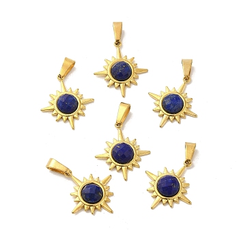 Natural Lapis Lazuli Faceted Sun Pendants, Golden Tone 304 Stainless Steel Charms, 19x17x4mm, Hole: 6x3mm