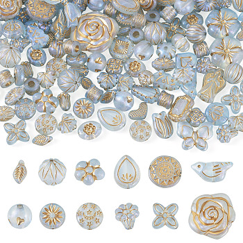 100G Transparent Acrylic Beads, Mixed Shapes, Golden Metal Enlaced, Light Blue, 10mm