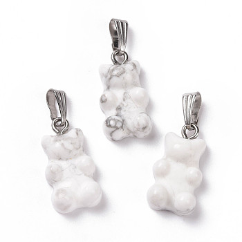 Natural Howlite Pendants, with Stainless Steel Color Tone 201 Stainless Steel Findings, Bear, 27.5mm, Hole: 2.5x7.5mm, Bear: 21x11x6.5mm