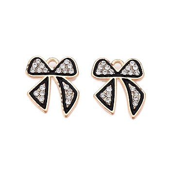 Alloy Enamel Pendants, with Crystal Rhinestone, Cadmium Free & Lead Free, Light Gold, Bowknot Charms, Black, 18x14.5x2mm, Hole: 1.6mm