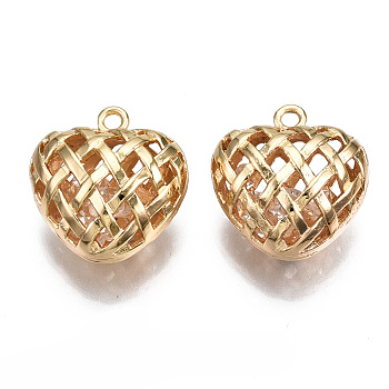 Brass Pendants, with Glass Rhinestone Inside, Hollow, Nickel Free, Heart, Real 18K Gold Plated, 18.5x18x11mm, Hole: 1.6mm