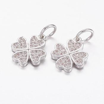 Brass Micro Pave Cubic Zirconia Pendants, Clover, Real Platinum Plated, 14.5x12x1.5mm, Hole: 5mm