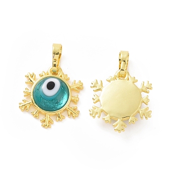 Handmade Evil Eye Lampwork Pendants, with Real 18K Gold Plated Tone Brass Findings, Snowflake Charm, Medium Turquoise, 15x16x4mm, Hole: 4x6.5mm