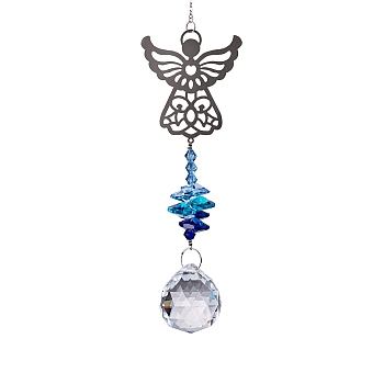 Glass Teardrop Pendant Decorations, with Metal Angel Link, Hanging Suncatchers Garden Decorations, Deep Sky Blue, 350mm