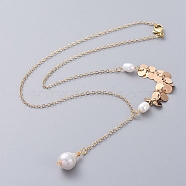 (Jewelry Parties Factory Sale)Single Pearl Pendant Necklaces, with Brass Cable Chain and Flat Round Handmade Brass Chains, Natural Cultured Freshwater Pearl, Golden, 17.5 inch(44.5cm)(NJEW-JN02710-01)