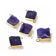 Natural Druzy Quartz Links connectors, with Brass Findings, Square, Silver, Dark Blue, 16~18x13~14x6~8mm, Hole: 2mm(G-P396-09G-11)