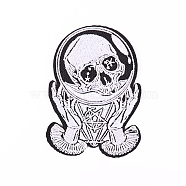 Halloween Skull & Crystal Ball Appliques, Embroidery Iron on Cloth Patches, Sewing Craft Decoration, WhiteSmoke, 55x78mm(PW-WG66007-08)