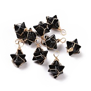 Natural Obsidian Copper Wire Wrapped Pendants, Merkaba Star Charms, Golden, 26~31x20~21x13~15mm, Hole: 5~5.5mm(G-B041-02G-16)