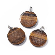 Natural Tiger Eye Pendants, Flat Round Charms with Round Pattern, with Rack Plating Platinum Tone Brass Findings, Cadmium Free & Lead Free, 30x4~8mm, Hole: 4x4mm(G-P491-03P-05)