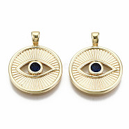 Brass Micro Pave Blue Cubic Zirconia Pendants, Nickel Free, Flat Round with Eye, Real 18K Gold Plated, 21.5x17x2mm, Hole: 2x3mm(KK-S356-216G-NF)