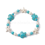 Turtle & Starfish Synthetic Turquoise Beaded Stretch Bracelet, Turquoise, Inner Diameter: 2-1/4 inch(5.6cm)(BJEW-JB09968-02)