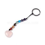 7 Chakra Gemstone Beads Keychain, Natural Rose Quartz Heart Charm Keychain for Women Men Hanging Car Bag Charms, 13cm(KEYC-F036-02C)