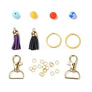 DIY Keychain Making Kits, 60Pcs Round Acrylic Beads, 14Pcs Iron Jump Rings, Split Key Rings and Zinc Alloy Swivel Clasps, 2Pcs Faux Suede Tassel Pendant Decorations, Golden, Beads: 60pcs/set(DIY-YW0002-93G)