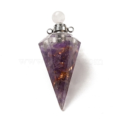 Natural Amethyst Perfume Bottle Pendants, Resin Faceted Cone Charms with Platinum Plated Brass Screw Cap, 46.5~48x19~20x17~18mm, Hole: 1.8mm(G-H285-01P-01)