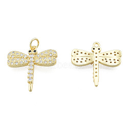 Brass Micro Pave Clear Cubic Zirconia Pendants, with Brass Jump Rings, Nickel Free, Dragonfly, Real 18K Gold Plated, 22x22x3mm, Jump Ring: 5mm in diameter, 1mm thick, 3mm inner diameter(ZIRC-N039-250)