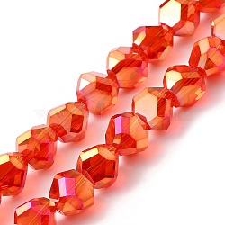 Transparent Electroplate Glass Beads Strands, Faceted, Triangle, Orange Red, 8~9x8.5~9x8.5~9mm, Hole: 1.5mm, about 50pcs/strand, 16.69''(42.4cm)(EGLA-I017-04-AB03)