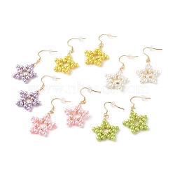Glass Pearl Round Beaded Star Dangle Earrings, Wire Wrapped Jewelry for Women, Mixed Color, 47mm, Pin: 0.7mm(EJEW-JE04819)