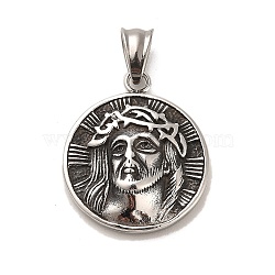 304 Stainless Steel Pendants, Flat Round with Jesus Charms, Antique Silver, 31x26x6.8mm, Hole: 8x5mm(STAS-M334-13AS)