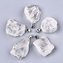 Raw Rough Natural Quartz Crystal Pendants, Rock Crystal Pendants, with Platinum Plated Iron Bails, Nuggets, 30~50x25~30x13.5~18.5mm, Hole: 5.5x3.5mm(X-G-N0326-52)