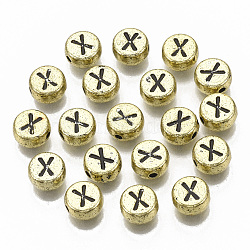 Plating Acrylic Beads, Horizontal Hole, Flat Round with Letter, Golden Plated, Black, Letter.X, 7x4mm, Hole: 1.2mm.(X-PACR-CD0001-X)