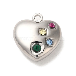 304 Stainless Steel Charms, with Colorful Rhinestone, Heart Charm, Stainless Steel Color, 14x13x5mm, Hole: 1.5mm(STAS-L022-239P)