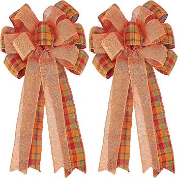 2Pcs Tartan Pattern Polyester Bowknot Display Decoration, with Twist Tie, Thanksgiving Day Theme, Coral, 490x308x33mm