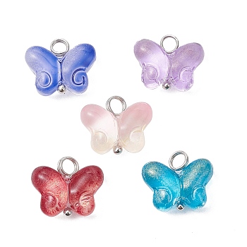 Transparent Baking Paint Glass Pendant, with Brass Loops, Mixed Color, Butterfly, 12x14.5x5.5mm, Hole: 2.8~3mm