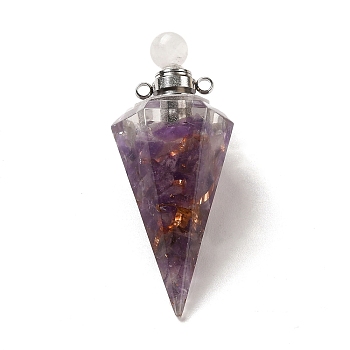 Natural Amethyst Perfume Bottle Pendants, Resin Faceted Cone Charms with Platinum Plated Brass Screw Cap, 46.5~48x19~20x17~18mm, Hole: 1.8mm