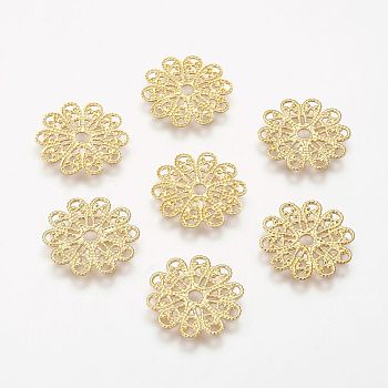 Brass Vintage Filigree Findings, Lead Free and Cadmium Free, Flower, Golden Color, Size: about 17mm in diameter, 0.5mm thick, hole: 2mm