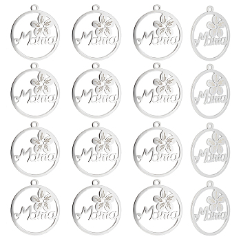 Unicraftale 201 Stainless Steel Pendants, Filigree Joiners Findings, for Mother's Day, Laser Cut, Flower with Word Mama, Stainless Steel Color, 22x19.5x1mm, Hole: 1.4mm, 24pcs/box
