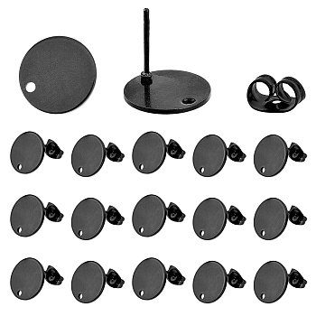 40Pcs 304 Stainless Steel Stud Earring Findings, with Hole and Ear Nuts/Earring Backs, Flat Round, Electrophoresis Black, 12x12x1mm, Hole: 1.6mm, Pin: 0.8mm