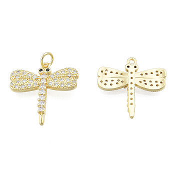 Brass Micro Pave Clear Cubic Zirconia Pendants, with Brass Jump Rings, Nickel Free, Dragonfly, Real 18K Gold Plated, 22x22x3mm, Jump Ring: 5mm in diameter, 1mm thick, 3mm inner diameter
