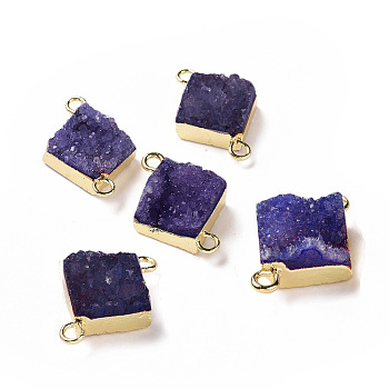Natural Druzy Quartz Links connectors, with Brass Findings, Square, Silver, Dark Blue, 16~18x13~14x6~8mm, Hole: 2mm