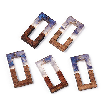 Transparent Resin & Walnut Wood Pendants, Hollow Rectangle Charms, Slate Blue, 28x14.5x3.5mm, Hole: 1.8mm