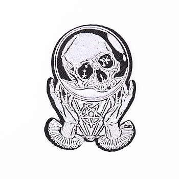 Halloween Skull & Crystal Ball Appliques, Embroidery Iron on Cloth Patches, Sewing Craft Decoration, WhiteSmoke, 55x78mm