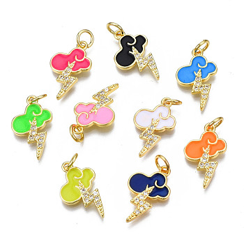 Brass Micro Pave Clear Cubic Zirconia Enamel Pendants, with Jump Ring, Cadmium Free & Nickel Free & Lead Free, Real 16K Gold Plated, Cloud and Lightning, Mixed Color, 18x11x2mm, Jump Ring: 5x1mm, 3mm inner diameter