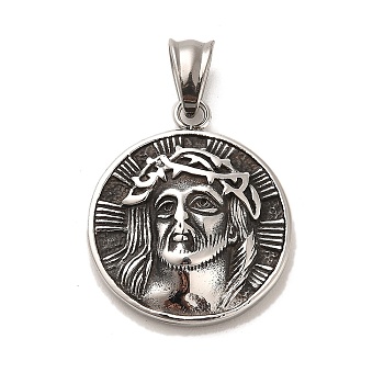 304 Stainless Steel Pendants, Flat Round with Jesus Charms, Antique Silver, 31x26x6.8mm, Hole: 8x5mm