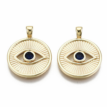 Brass Micro Pave Blue Cubic Zirconia Pendants, Nickel Free, Flat Round with Eye, Real 18K Gold Plated, 21.5x17x2mm, Hole: 2x3mm