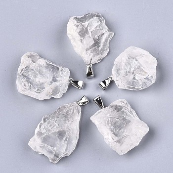 Raw Rough Natural Quartz Crystal Pendants, Rock Crystal Pendants, with Platinum Plated Iron Bails, Nuggets, 30~50x25~30x13.5~18.5mm, Hole: 5.5x3.5mm