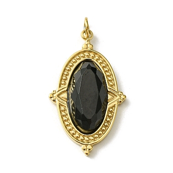 Ion Plating(IP) 304 Stainless Steel Pave Faceted Natural Obsidian Pendants, Oval Charms, Real 14K Gold Plated, 24.5x14.5x4.5mm, Hole: 2.5mm