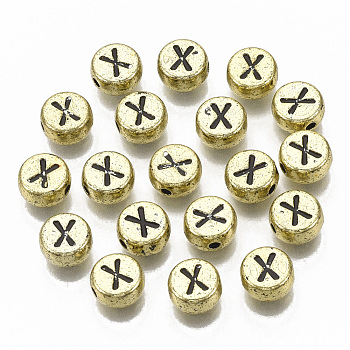 Plating Acrylic Beads, Horizontal Hole, Flat Round with Letter, Golden Plated, Black, Letter.X, 7x4mm, Hole: 1.2mm.