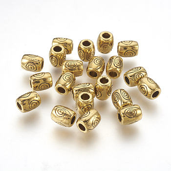 Tibetan Style Alloy Beads, Lead Free & Nickel Free & Cadmium Free, Barrel, Antique Golden Color, about 7mm long, 6mm wide, hole: 2.5mm