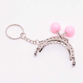 Iron Purse Clasp Frame, with Plastic Beads, Bag Kiss Clasp Lock, for DIY Craft, Purse Making, Bag Making, Pink, 103mm