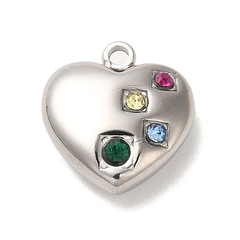 304 Stainless Steel Charms, with Colorful Rhinestone, Heart Charm, Stainless Steel Color, 14x13x5mm, Hole: 1.5mm